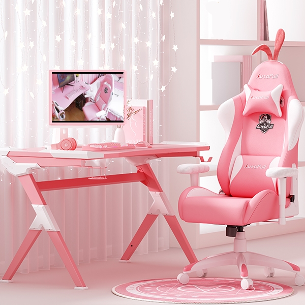 Official Autofull Girl Gaming Chair and Desk Pink Bunny Cherry Blossom Snow Combo