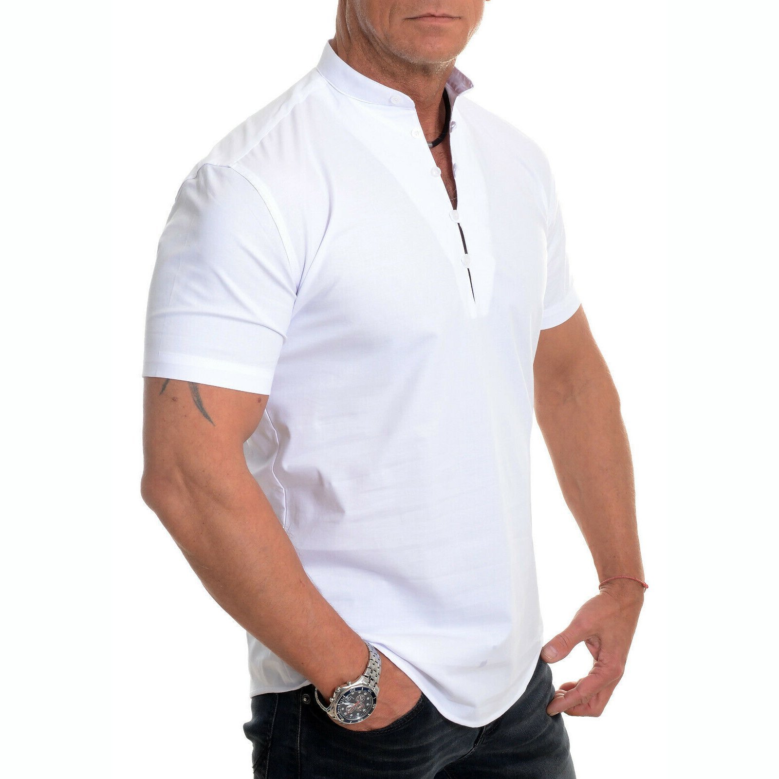 Bzfuture.com, Men's Stand Collar Plain Button Summer Loose Shirt Men's Stand Collar Plain Button Summer Loose Shirt