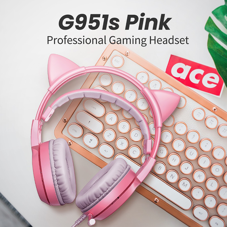 Official SOMIC G951s Pink Stereo Gaming Headset with Mic for PS4 Xbox One PC Mobile Phone 3.5MM Sound Detachable Cat Ear Headphones Lightweight Self-Adjusting Over Ear Headphones