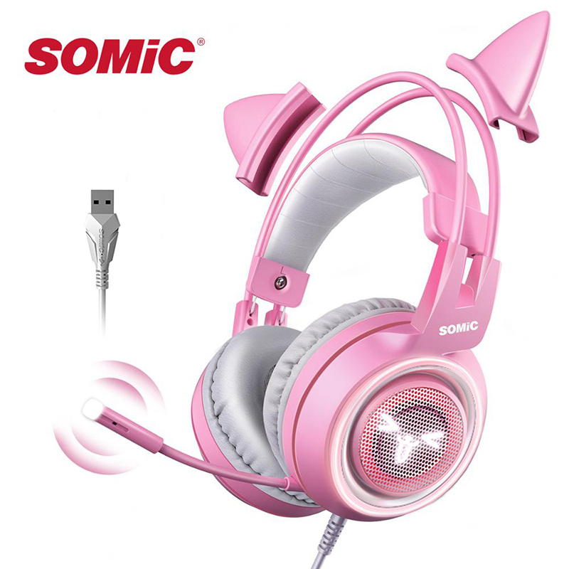 Official SOMIC G951 LED Pink Cat Ears RGB Lights Wired Gaming Headphones With Mic USB Interface 7.1 Channel Computer Laptop Dedicated Headset