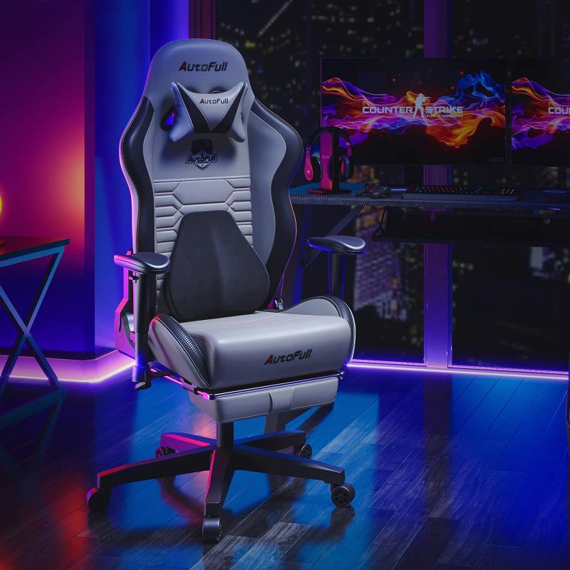AutoFull Gaming Chair Grey PU Leather Footrest Racing Style Computer Chair, Headrest E-Sports Swivel Chair, AF083GPJA