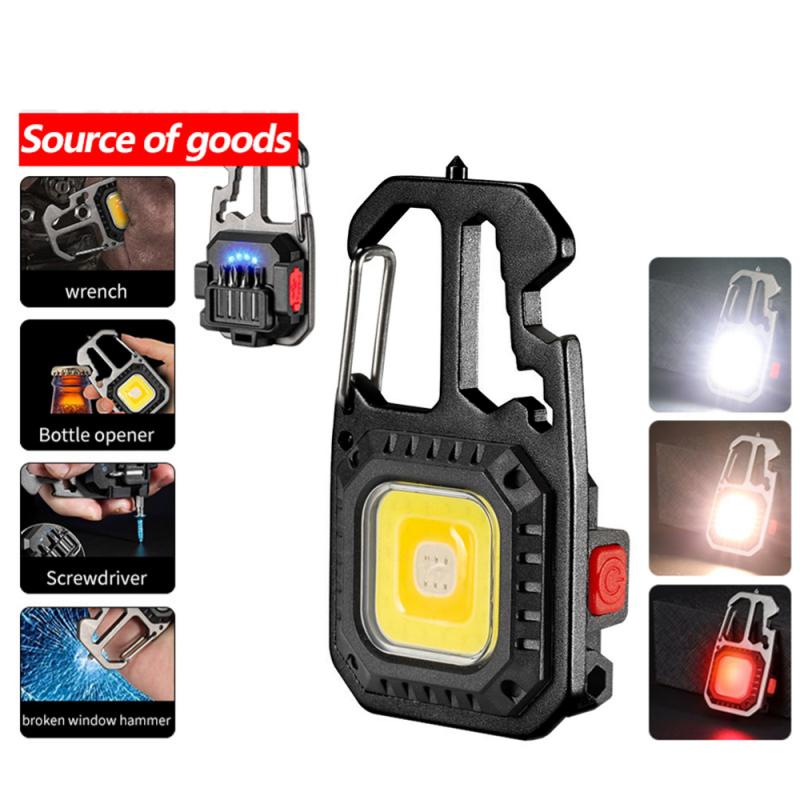 Mini COB LED Flashlight Keychain Lights Screwdriver Emergency Wrench Hammer Portable Key Ring Work Light Torch Outdoor Camping