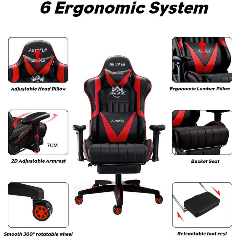 AutoFull Gaming Chair Red And Black PU Leather Footrest Racing Style Computer Chair, Headrest E-Sports Swivel Chair, AF070BPUJ Advanced