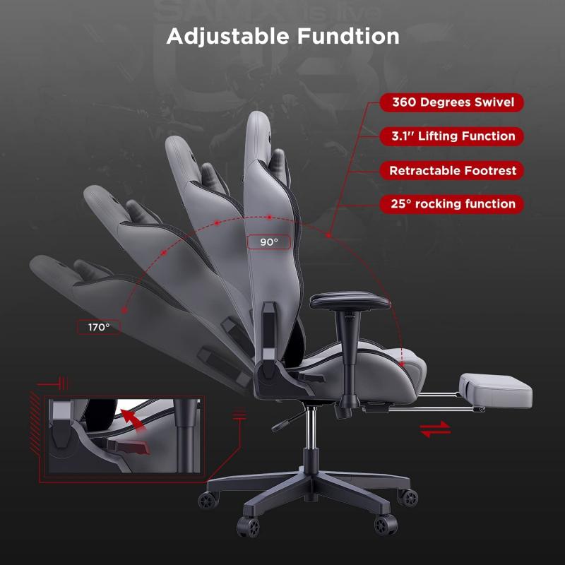 AutoFull Gaming Chair Grey PU Leather Footrest Racing Style Computer Chair, Headrest E-Sports Swivel Chair, AF083GPJA