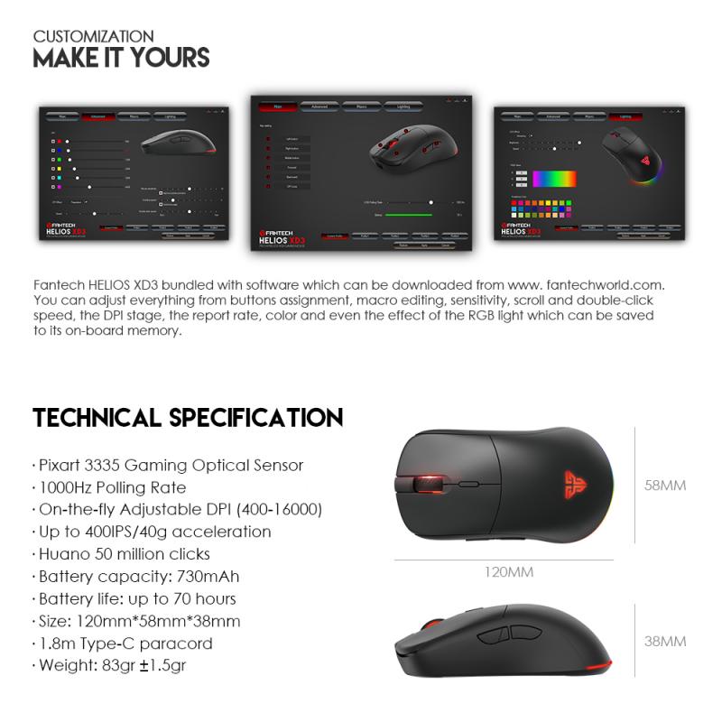 FANTECH HELIOS XD3 Mouse Nirkabel dan Berkabel PIXART 3335 16000 DPI dan RGB 83gr Mouse Gaming Ringan Huano 50 Juta Mouse Switch