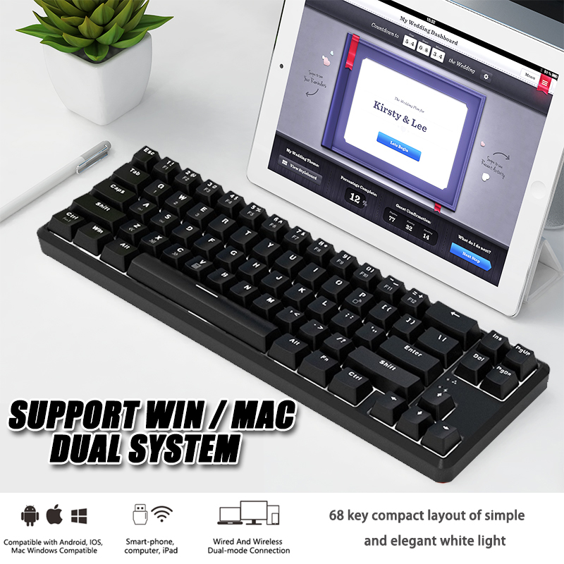 Ajazz K680T Wireless Bluetooth Mechanical Gaming Keyboard Game Blue Red Switch Keyboard 68 Keys Backlit for PC Laptop Portable