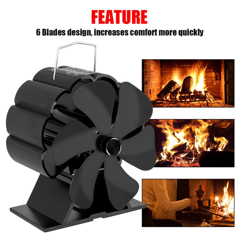 Bzfuture 6 Blades Heat Powered Stove Fan Black Fireplace Log Wood Burner Eco Friendly Quiet Fan Home
