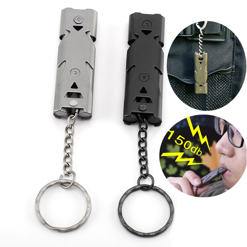 Bzfuture Outdoor EDC Survival Whistle High Decibel Double Pipe Whistle Stainless Steel Alloy Keychain Cheerleading Emergency Multi Tool