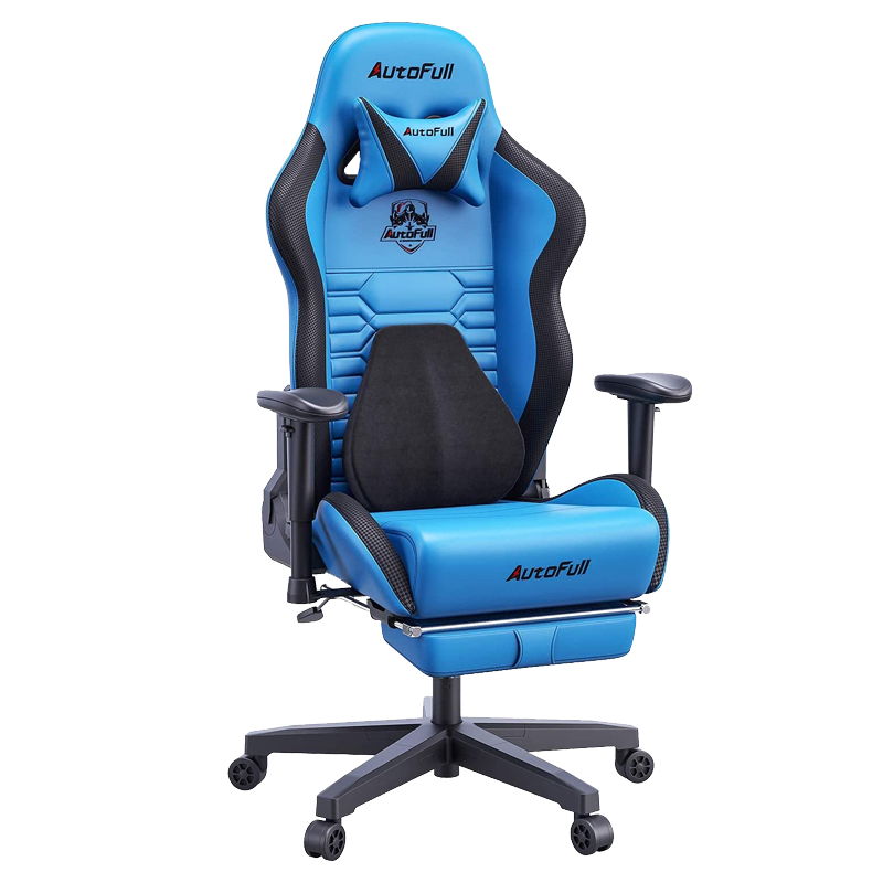 AutoFull Gaming Chair Blue and Black PU Leather Footrest Racing Style Computer Chair Headrest E-Sports Swivel Chair AF083UPJA