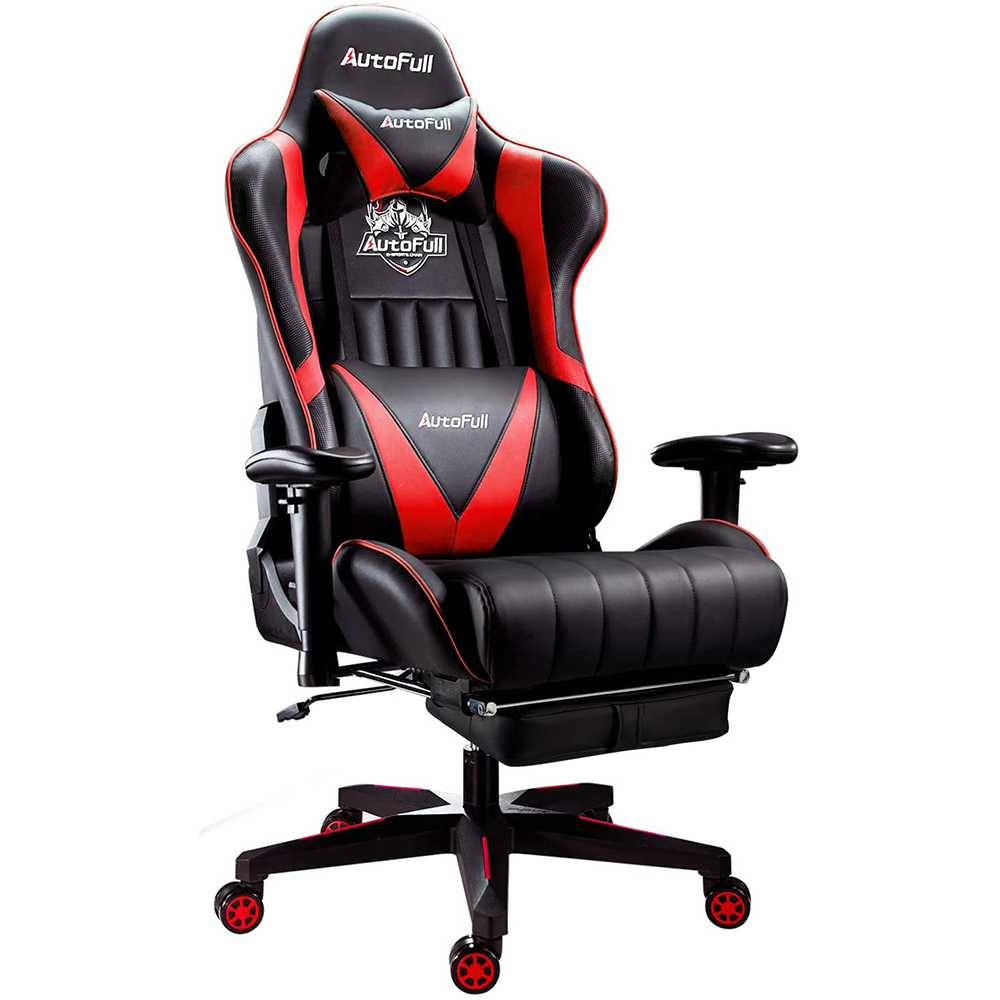 AutoFull Gaming Chair Red And Black PU Leather Footrest Racing Style Computer Chair, Headrest E-Sports Swivel Chair, AF070BPUJ Advanced