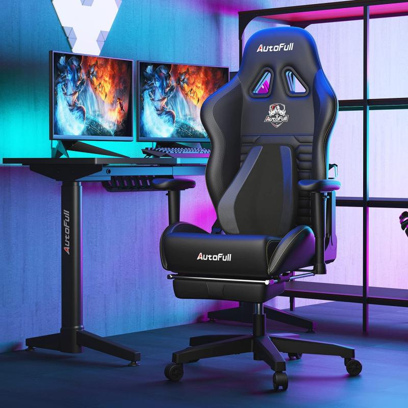AutoFull Gaming Chair Pure Black PU Leather Footrest Racing Style Computer Chair, Headrest E-Sports Swivel Chair, AF083DPJA