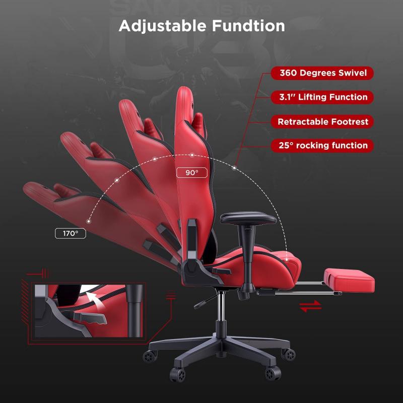 AutoFull Gaming Chair Red and Black PU Leather Footrest Racing Style Computer Chair, Headrest E-Sports Swivel Chair, AF083RPJA