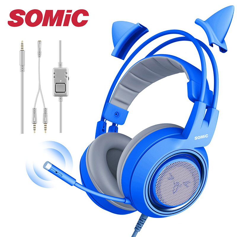 Official SOMIC G952S Blue Headphones Gaming Wired Headset with Mic Stereo for PS4 XBOX PC Phone Detachable Cat Ear Headphone 3.5MM Girl