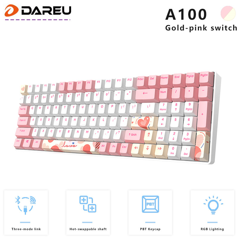 Bzfuture.com, Dareu A100 Tri-mode Connection 100% Hotswap RGB LED Backlit PBT keycaps Mechanical Gaming Keyboard With TTC Gold-pink Switch Dareu A100 Tri-mode Connection 100% Hotswap RGB LED Backlit PBT keycaps Mechanical Gaming Keyboard With TTC Gold-pink Switch