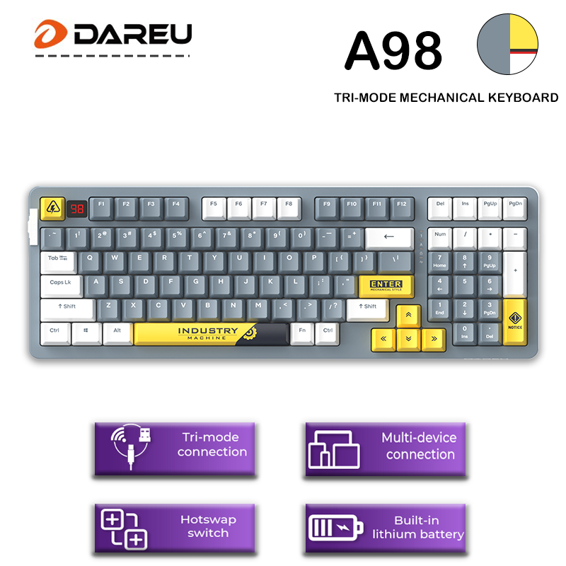 Dareu A98 Tri-mode Connection 100% Hotswap RGB Backlit PBT keycaps 98 Key Gasket Structure Mechanical Gaming Keyboard
