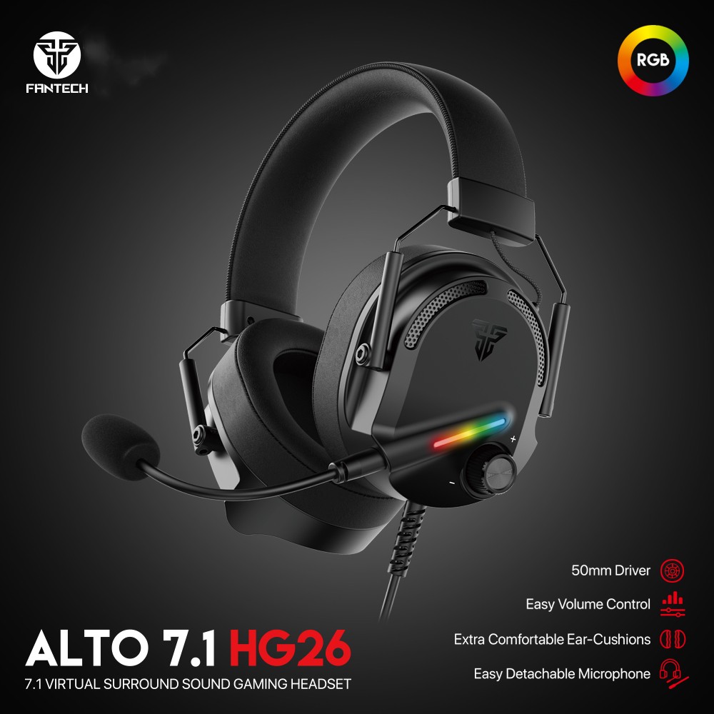 Official FANTECH HG26 ALTO 7.1 Headphone Gaming Surround Penyihir Noise Cancelling Mikrofon Dapat Dilepas Headset Berkabel RGB untuk PC Gamer