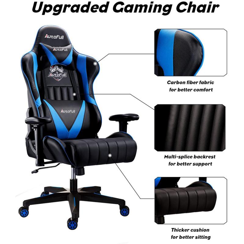 AutoFull Gaming Chair Blue And Black PU Leather Racing Style Computer Chair, E-Sports Swivel Chair, AF070UPU Standard