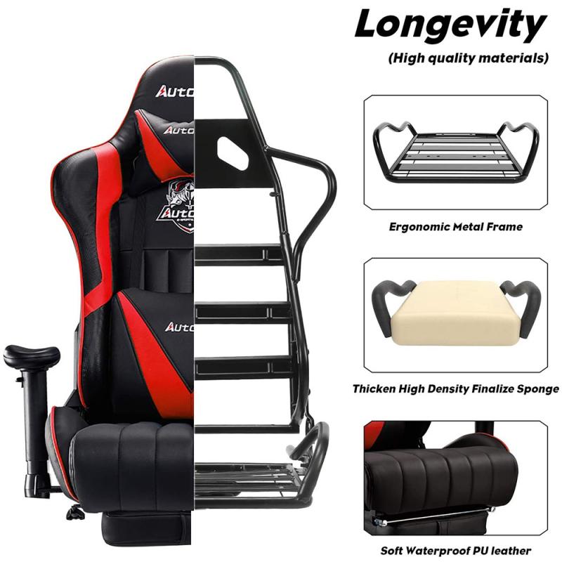 AutoFull Gaming Chair Red And Black PU Leather Footrest Racing Style Computer Chair, Headrest E-Sports Swivel Chair, AF070BPUJ Advanced
