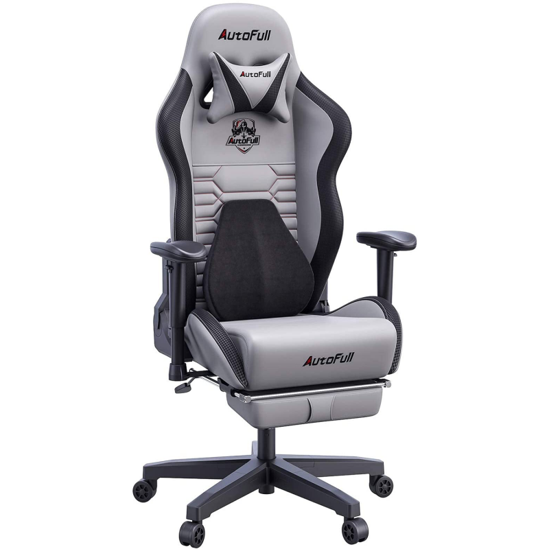 AutoFull Gaming Chair Grey PU Leather Footrest Racing Style Computer Chair, Headrest E-Sports Swivel Chair, AF083GPJA