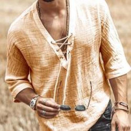 Men's Plain V-Neck Casual Loose Spring Shirt