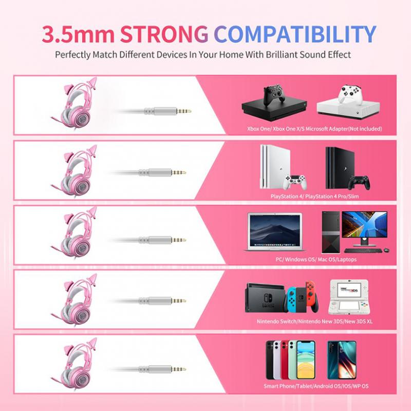 SOMIC G951s Pink Stereo Gaming Headset with Mic for PS4 Xbox One PC Mobile Phone 3.5MM Sound Detachable Cat Ear Headphones Lightweight Self-Adjusting Over Ear Headphones